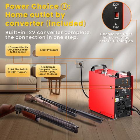 Portable PCP Air Compressor With 350W Motor Auto Stop 12V Car Power Built In Home Converter in living room with air guns