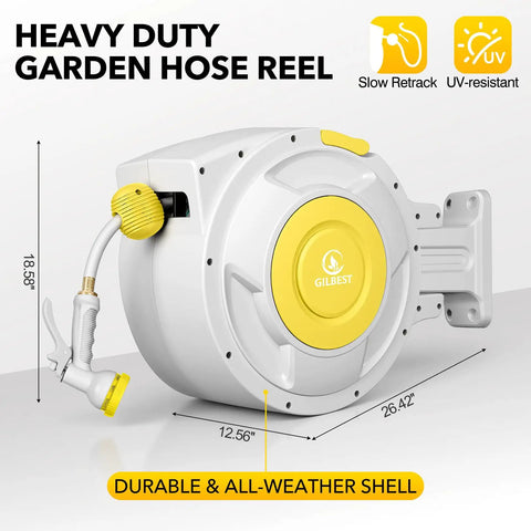 Retractable Garden Hose Reel With Wall Mount, Heavy Duty Five Eighth Inch Hybrid Hose, Lock At Any Length, 180 Degree Swivel
