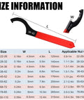 Size chart with dimensions for Nine Piece Coilover Spanner Wrench Set For Adjustable Shocks Universal Carbon Steel Wrenches.