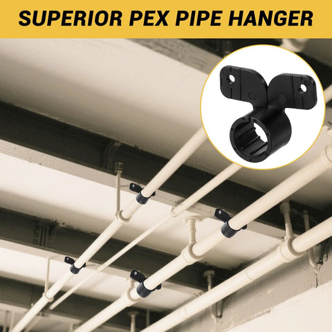 Multiple PEX pipe hangers installed on white ceiling pipes; black nylon R-type clamps with screws (3/4 in).