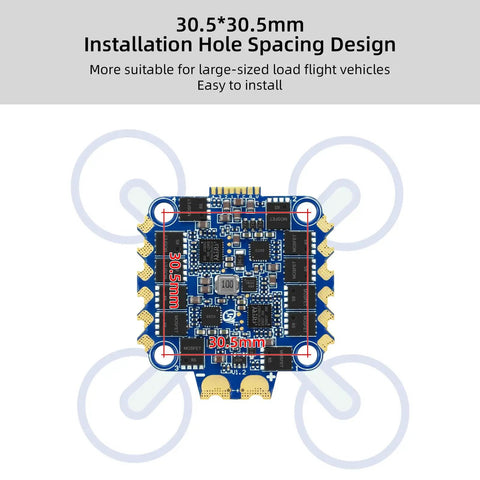 65A 4in1 ESC For FPV Drones 2to6S 30.5x30.5mm Size With AT32F421 32Bit Processor shown in top view