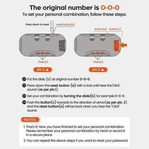 Diagram showing instructions to set combination lock for Must-Have Hard Shell Fireproof Document Organizer With Lock.
