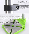 Heavy Duty Drill Press Stand With Clamp Support Tool 360 Rotation And 60mm Stroke, close-up of height fixing sleeve and cast iron base.