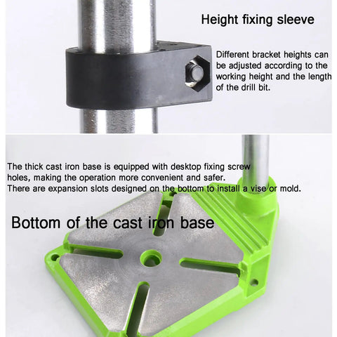 Heavy Duty Drill Press Stand With Clamp Support Tool 360 Rotation And 60mm Stroke, close-up of height fixing sleeve and cast iron base.