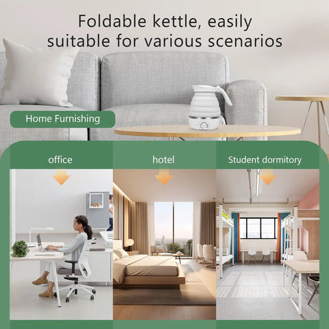 Travel Foldable Electric Kettle With Collapsible Food Grade Silicone 700ml Capacity Fast 850W Boiling For Tea And Coffee On The Go 110V Portable White Design on table in various settings.