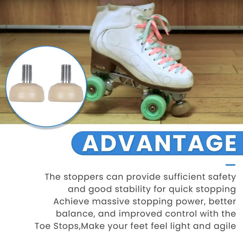 Rubber Roller Skate Toe Stops 2 Pack for Easy Front Mount Brakes shown on roller skate