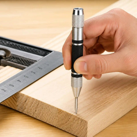 Using Automatic Center Punch With 2 Extra Tips, 5 Inch Heavy Duty Steel Spring Loaded Tool on wood without hammer