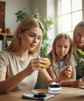 Woman using Scratch Remover Paste For Glasses And Screens Pro Repair Kit on eyeglasses, with two girls watching at a table.