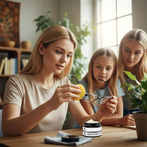 Woman using Scratch Remover Paste For Glasses And Screens Pro Repair Kit on eyeglasses, with two girls watching at a table.