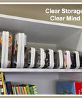 Shelf with Clear Hard Shell Zipper Pouch Set of Four for Travel and Organization, assorted items visible inside each pouch.