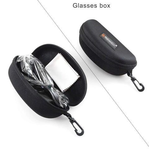 Heavy Duty Laser Safety Glasses Featuring Kickass Optical Density Six Plus Shielding For Blue Violet Green And Infrared Ranges Offering Top Shelf Impact Resistance And Tight Fit in a protective glasses box.