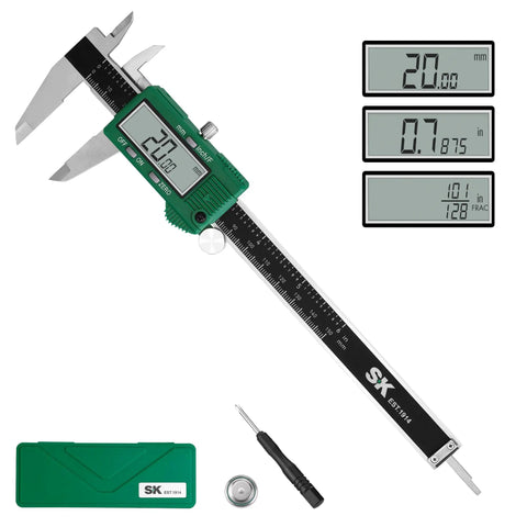 6 Inch Digital Caliper With Large LCD Screen And Auto Off Vernier Caliper Measuring Tool Inch Millimeter Fraction Conversion Pro Grade Precision Handy Workbench Essential Plus Minus 0.001 In Accuracy showing measurements and case