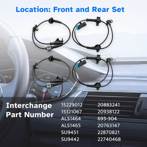 Complete Four Piece Abs Wheel Speed Sensor Kit Front And Rear Built Dope For A No Sweat Swap Fits Gmc Yukon Chevrolet Tahoe Suburban Cadillac Escalade 2007 To 2014. Front and rear ABS sensors displayed with dashboard background.