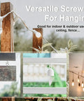 Heavy Duty White Screw In Cup Hooks 2.2 Inch Pack Of 20 For Hanging Plants Outdoor String Lights Patio Wall Wood Fence Or Deck Mounts Anti Rust Finish Includes Drywall Anchors And Manual Holds Up To 40 Lbs shown with hanging lights and fence use