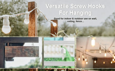 Heavy Duty White Screw In Cup Hooks 2.2 Inch Pack Of 20 For Hanging Plants Outdoor String Lights Patio Wall Wood Fence Or Deck Mounts Anti Rust Finish Includes Drywall Anchors And Manual Holds Up To 40 Lbs shown with hanging lights and fence use