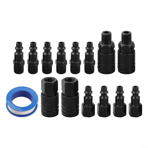 Top Shelf 15 Piece Air Hose Fitting Kit With Quick Connectors And Pneumatic Couplers For Compressor Tools Plus Black Steel Adapters And Tape For Heavy Duty Jobs, 1/4 inch