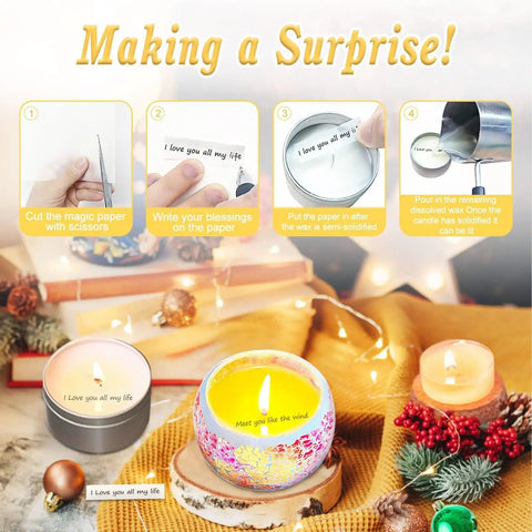 All In One Candle Making Kit For Beginners with 2.12 lb soy wax, showing step-by-step crafting instructions and finished candles.