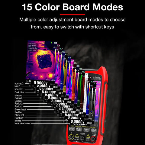 15 color modes displayed on a 2 In 1 Thermal Imaging And Multimeter Camera with 256x192 Infrared Sensor, 3.5 Inch LCD.