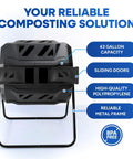 Front view of Outdoor Dual Chamber 43 Gallon Compost Tumbler Kit with sliding doors and metal frame.