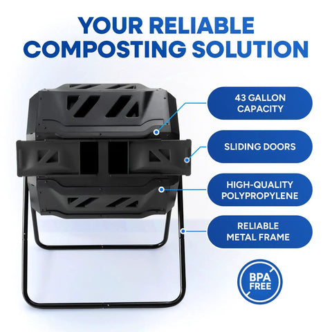 Front view of Outdoor Dual Chamber 43 Gallon Compost Tumbler Kit with sliding doors and metal frame.