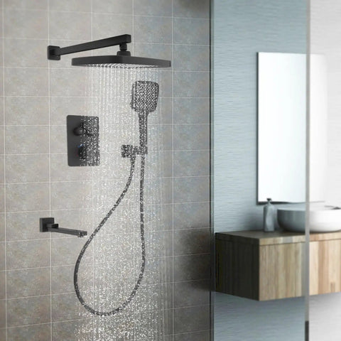 Shower System with Digital Temperature Display Handheld Nozzle 4.92ft Hose with overhead rain shower and handheld sprayer.