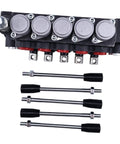 Front view of Solarhome 5-spool hydraulic directional valve open center, gray body with red port fittings and five rods