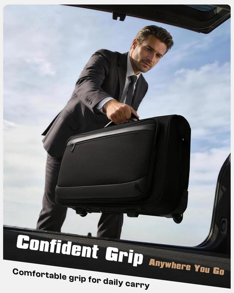 AUROTIER rolling garment bag in black with wheels, built-in hanging feature and 17-inch laptop compartment