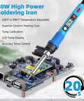 80W Digital Soldering Iron Kit with LCD Display, Ceramic Heater, fast heat-up, soldering a circuit board for DIY repairs.