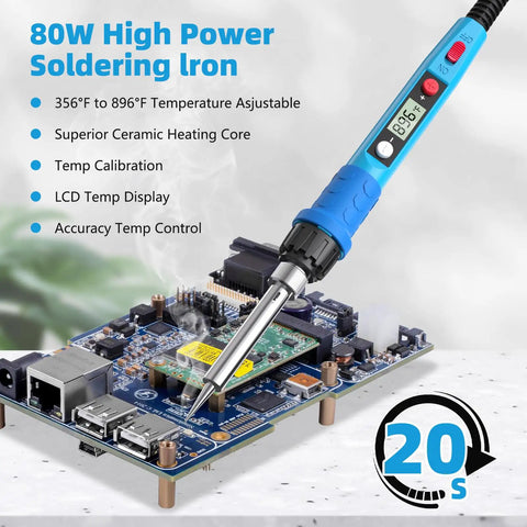 80W Digital Soldering Iron Kit with LCD Display, Ceramic Heater, fast heat-up, soldering a circuit board for DIY repairs.