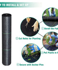 Heavy Duty Weed Barrier Landscape Fabric 5oz Pro Grade Ground Cover Anti Weed Mat With High Permeability Easy Install For Outdoor Use 4ft By 100ft Lawn Garden shown with installation steps