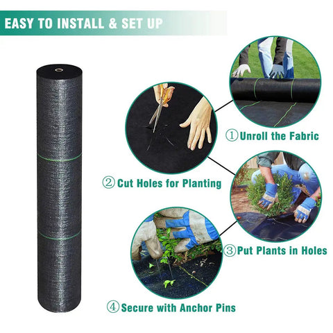 Heavy Duty Weed Barrier Landscape Fabric 5oz Pro Grade Ground Cover Anti Weed Mat With High Permeability Easy Install For Outdoor Use 4ft By 100ft Lawn Garden shown with installation steps