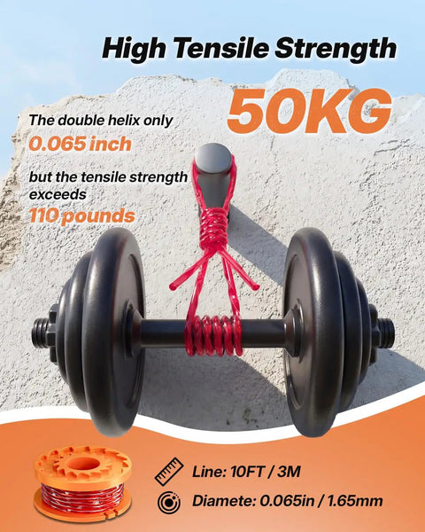 Image of a trimmer line demonstrating high tensile strength by lifting weights, showcasing 15 Pack Replacement Trimmer Line Spools Set For 0.065 Inch Line Refills Compatible With Worx Weed Eater And Weed Wacker Models Includes 12 Spools And 3 Caps No Fuss Durable Premium Trimmer Line Refills For Quick Yard Work