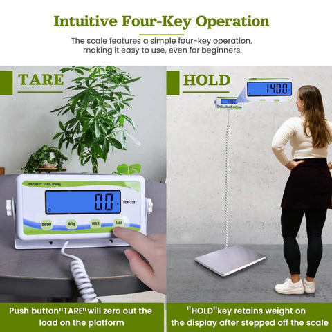 Beefy 440 Lb Capacity Extra Wide Medical Scale With Bariatric Use, Heavy Duty Digital Display, Portable Body Weight Scale For Home Clinic Gym Or Hospital showing tare and hold functions.
