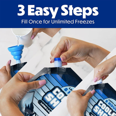 Close-up of steps to fill Four Pack 10x10 Inch Cooler Ice Packs With Screw Cap No Ice Needed 18 Degrees F Phase Change Reusable