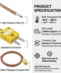 K Type Thermocouple Probe With 2 Pin Flat Mini Connector And 78 Inch Fiberglass Insulated Lead Ready To Roll Temperature Sensor For -58F To 752F Range Compatible With Most K Type Thermometers Controllers And Data Loggers, yellow connector and probe tip
