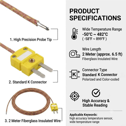 K Type Thermocouple Probe With 2 Pin Flat Mini Connector And 78 Inch Fiberglass Insulated Lead Ready To Roll Temperature Sensor For -58F To 752F Range Compatible With Most K Type Thermometers Controllers And Data Loggers, yellow connector and probe tip