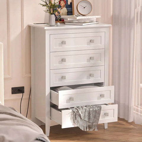Sweet Brushed Nickel Cabinet Knobs 6 Pack Premium Zinc Alloy Square Drawer Pulls on a modern white dresser with open drawers.