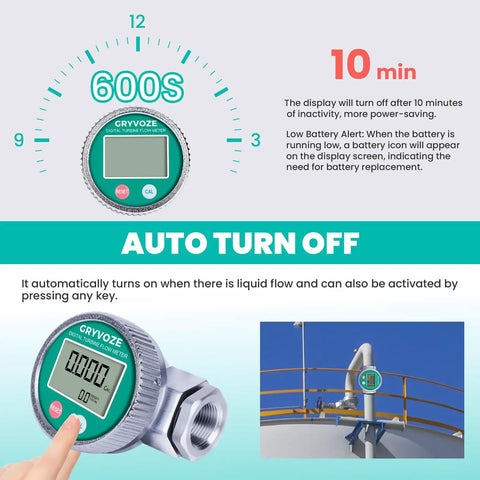 LCD screen of Built To Last Heavy Duty Waterproof One Inch Digital Water And Fuel Flow Meter with auto turn-off feature displayed