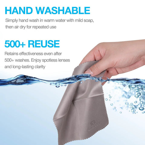 Front view of gray SmoTecQ microfiber lens cleaning cloth (7×6 in) held under water splash.
