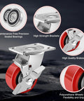 4 Inch Heavy Duty Industrial Polyurethane Casters Set Of 4 With Dual Ball Bearings Solid Polyurethane Wheels 2500 Lb Capacity Plate Swivel Casters For Carts Machines And Equipment Durability shown with brake and sealed bearings