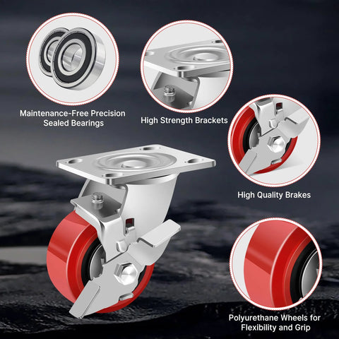 4 Inch Heavy Duty Industrial Polyurethane Casters Set Of 4 With Dual Ball Bearings Solid Polyurethane Wheels 2500 Lb Capacity Plate Swivel Casters For Carts Machines And Equipment Durability shown with brake and sealed bearings