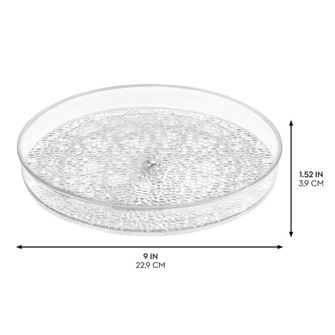 Rain Collection Lazy Susan Turntable Organizer For Vanity And Countertop 9 Inch Round Clear Plastic Storage with dimensions.
