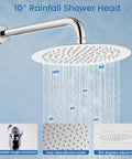 10 inch chrome shower head with adjustable connector, part of 3 Function Rain Shower System With Handheld Shower And Tub Spout.
