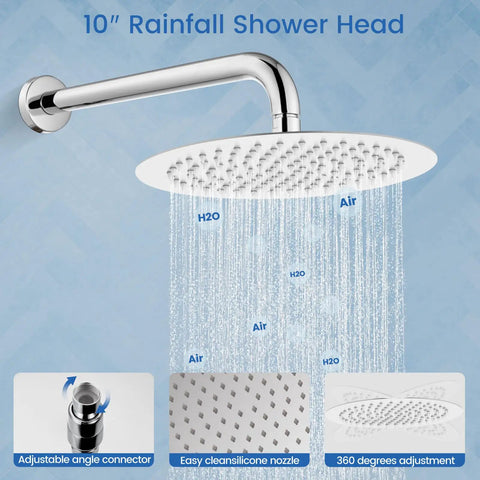 10 inch chrome shower head with adjustable connector, part of 3 Function Rain Shower System With Handheld Shower And Tub Spout.
