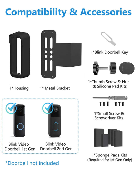 Compatibility and accessories for No Drill Anti Theft Doorbell Mount For Blink Cams with components like bracket and screws.