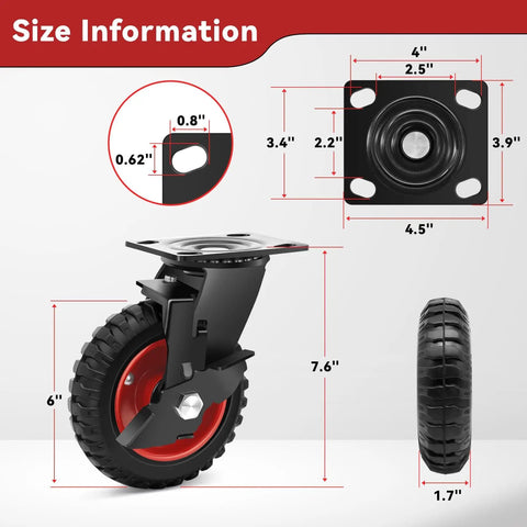 6 Inch Heavy Duty Rubber Casters Wheels With Knobby Tread For Dolly And Cart Up To 1800 Lbs, Industrial Grade Castors