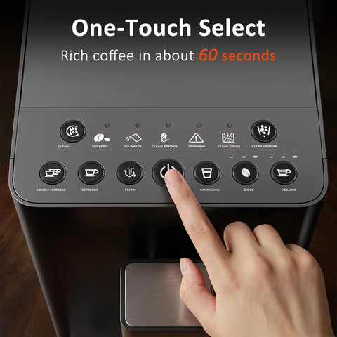 Total Game Changer Automatic Espresso Machine With Built In Grinder 20 Bar Coffee Maker Milk Frother Steam Wand Auto Self Cleaning showing one-touch control panel.
