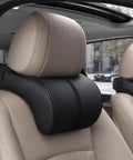 Slick Comfort Memory Foam Car Headrest Neck Pillow For Tesla Cybertruck 2024 To 2026 with adjustable straps on beige seat.