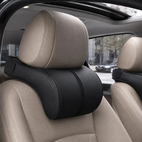 Slick Comfort Memory Foam Car Headrest Neck Pillow For Tesla Cybertruck 2024 To 2026 with adjustable straps on beige seat.