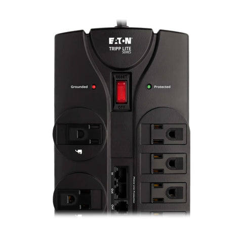 Front view of Home Theater Surge Protector Power Strip With 12 Outlets 8 Feet Flat Plug Extension Cord 2880 Joules Coax Input RJ11 RJ45 Ports